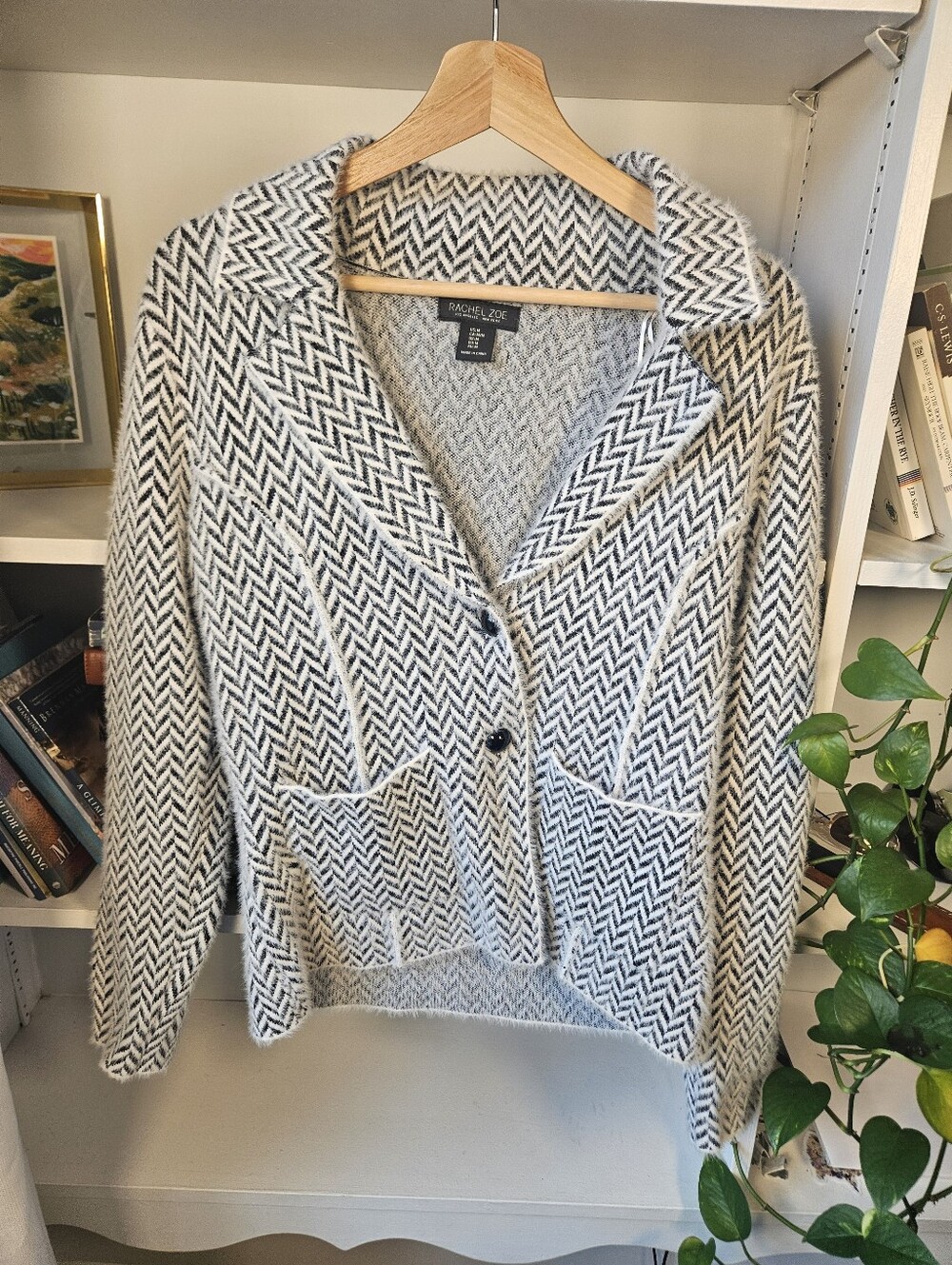 Rachel Zoe Black & White Herringbone Knit Cardigan Blazer Size Medium Fuzzy Fall